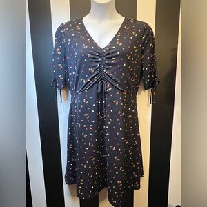 Lauren Conrad Navy Cherry Print w/ Ruched Bust & Sleeves Pullover Dress; SZ L